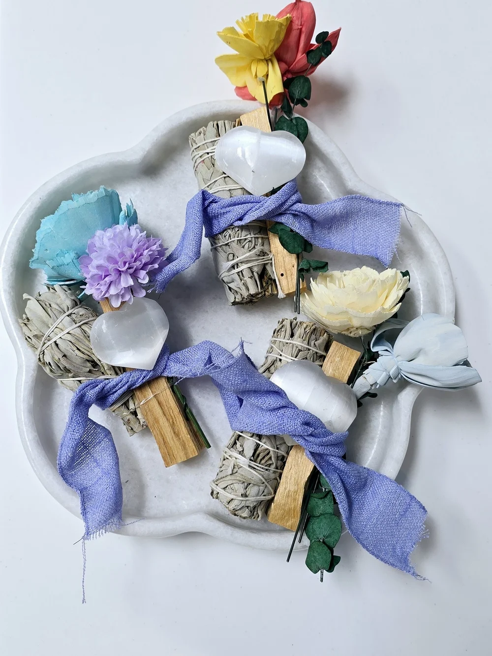 White Heart Selenite Crystal on Palo Santo - Home Bath Accent